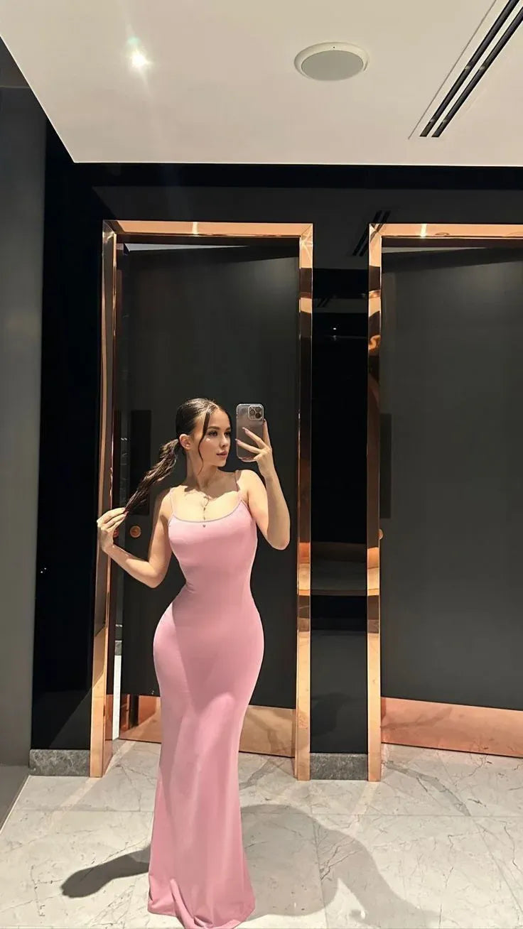 Wholesale Sexy Sheath Spaghetti Straps Pink Sleeveless Long Prom Dress Evening Dresses formal wear dresses